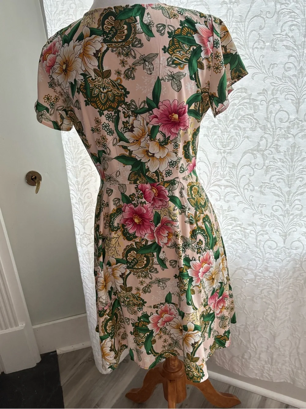 LOFT Pink Floral Midi Dress with Green Leaves - Picture 5 of 6